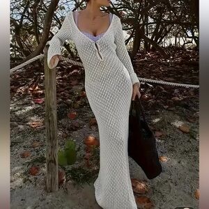 White V-Neck Crochet Beach Dress with Bell Sleeves